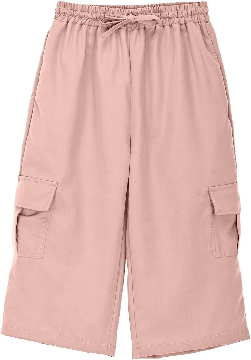 Cargo Shorts for Boys Athletic 3/4 Capri Pants School Uniform Khaki Shorts Quick Dry Hiking Pants Drawstring Sweatpants