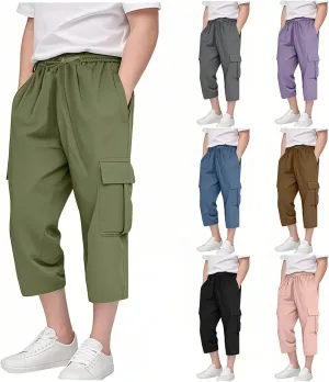 Cargo Shorts for Boys Athletic 3/4 Capri Pants School Uniform Khaki Shorts Quick Dry Hiking Pants Drawstring Sweatpants