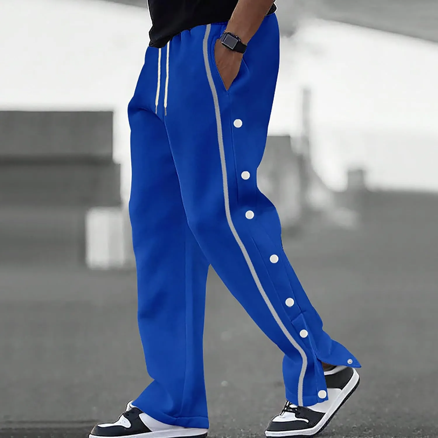 Casual Sweatpants for Men Side Button Elastic Waist Drawstring Active Running Jogging Pants Not Tear Away