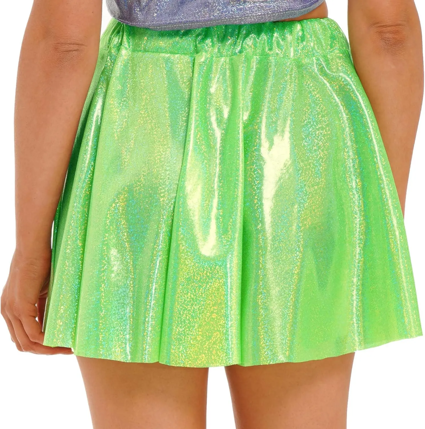 CHICTRY Women Fashion Metallic Pleated Miniskirts Holographic Shiny Ladies Dance Clubwear Flared Skirts