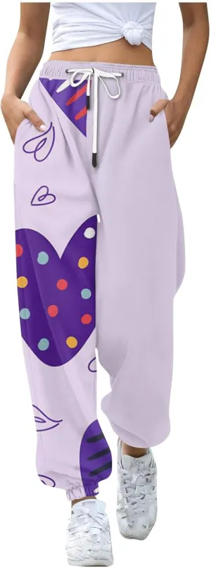 Cinch Bottom Sweatpants for Women with Pockets Cute Heart Print Workout Active Joggers Pants Baggy Lounge Bottoms