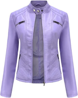 Classic Spring Autumn Women Faux Leather Jacket Stand Collar Zipper Moto Biker PU Coat Black Slim Outwear