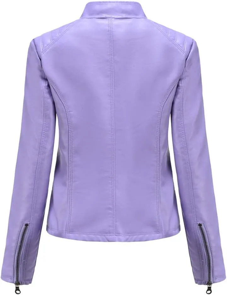 Classic Spring Autumn Women Faux Leather Jacket Stand Collar Zipper Moto Biker PU Coat Black Slim Outwear