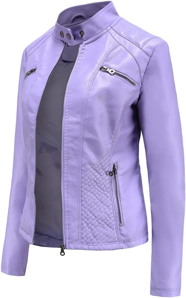 Classic Spring Autumn Women Faux Leather Jacket Stand Collar Zipper Moto Biker PU Coat Black Slim Outwear