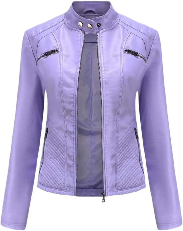 Classic Spring Autumn Women Faux Leather Jacket Stand Collar Zipper Moto Biker PU Coat Black Slim Outwear
