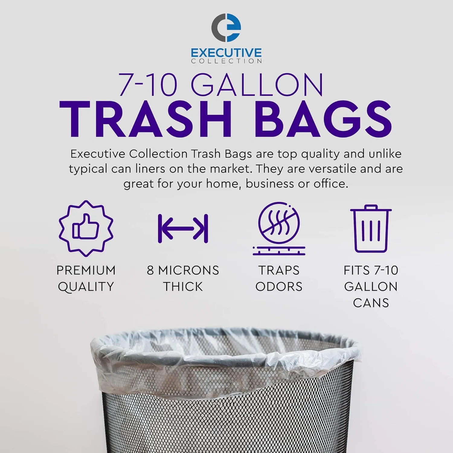 Clear 7-10 Gallon Trash Bags, Bulk Pack - Medium Size Garbage Bin Liners for Office, Bedroom and Kitchen Wastebasket Cans - by Executive Collection (100 Bags)