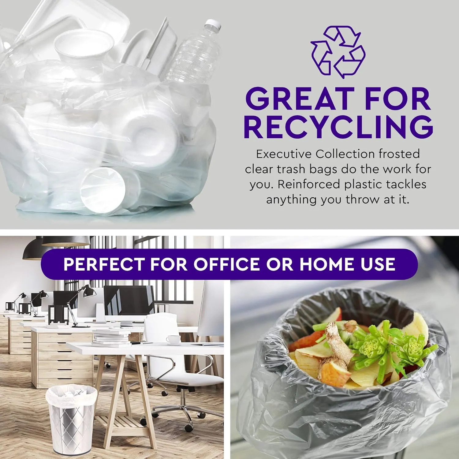 Clear 7-10 Gallon Trash Bags, Bulk Pack - Medium Size Garbage Bin Liners for Office, Bedroom and Kitchen Wastebasket Cans - by Executive Collection (100 Bags)
