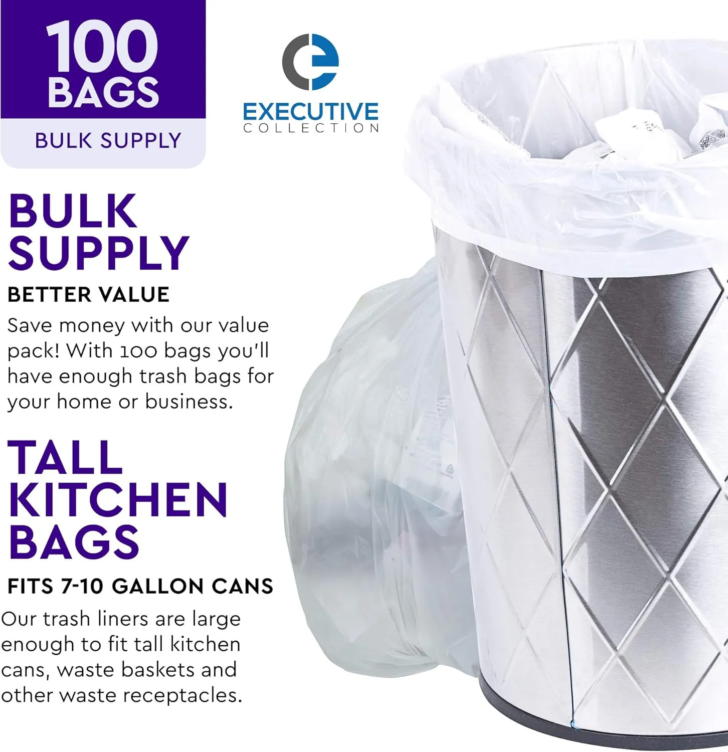 Clear 7-10 Gallon Trash Bags, Bulk Pack - Medium Size Garbage Bin Liners for Office, Bedroom and Kitchen Wastebasket Cans - by Executive Collection (100 Bags)