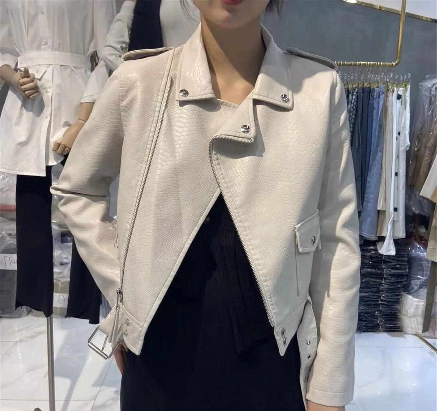 DGHM-JLMY Women's Slim Snake Pattern Motorcycle Jacket Faux Leather Jacket Crop Short Cropped PU Slim Zip Up Moto Biker Coat