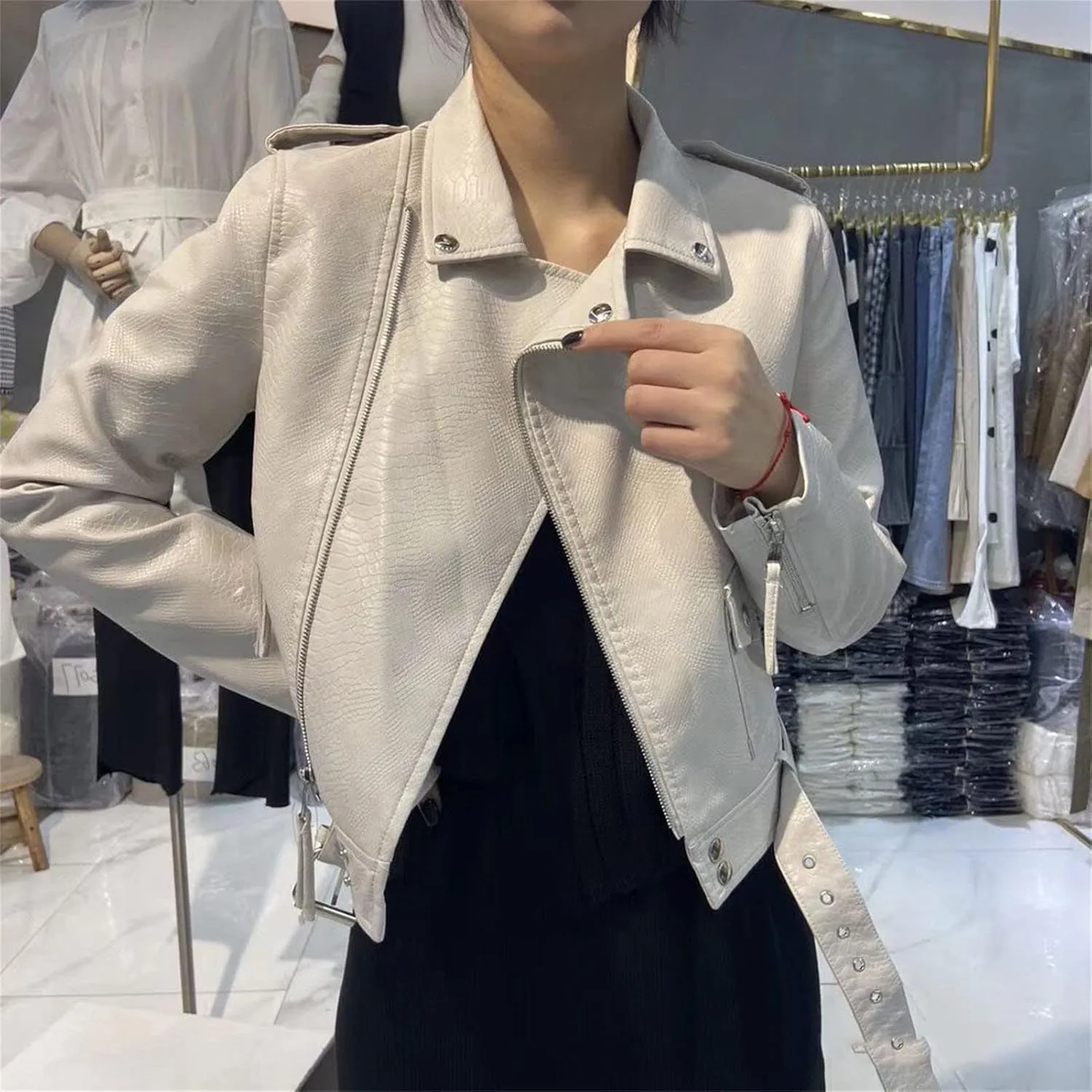 DGHM-JLMY Women's Slim Snake Pattern Motorcycle Jacket Faux Leather Jacket Crop Short Cropped PU Slim Zip Up Moto Biker Coat