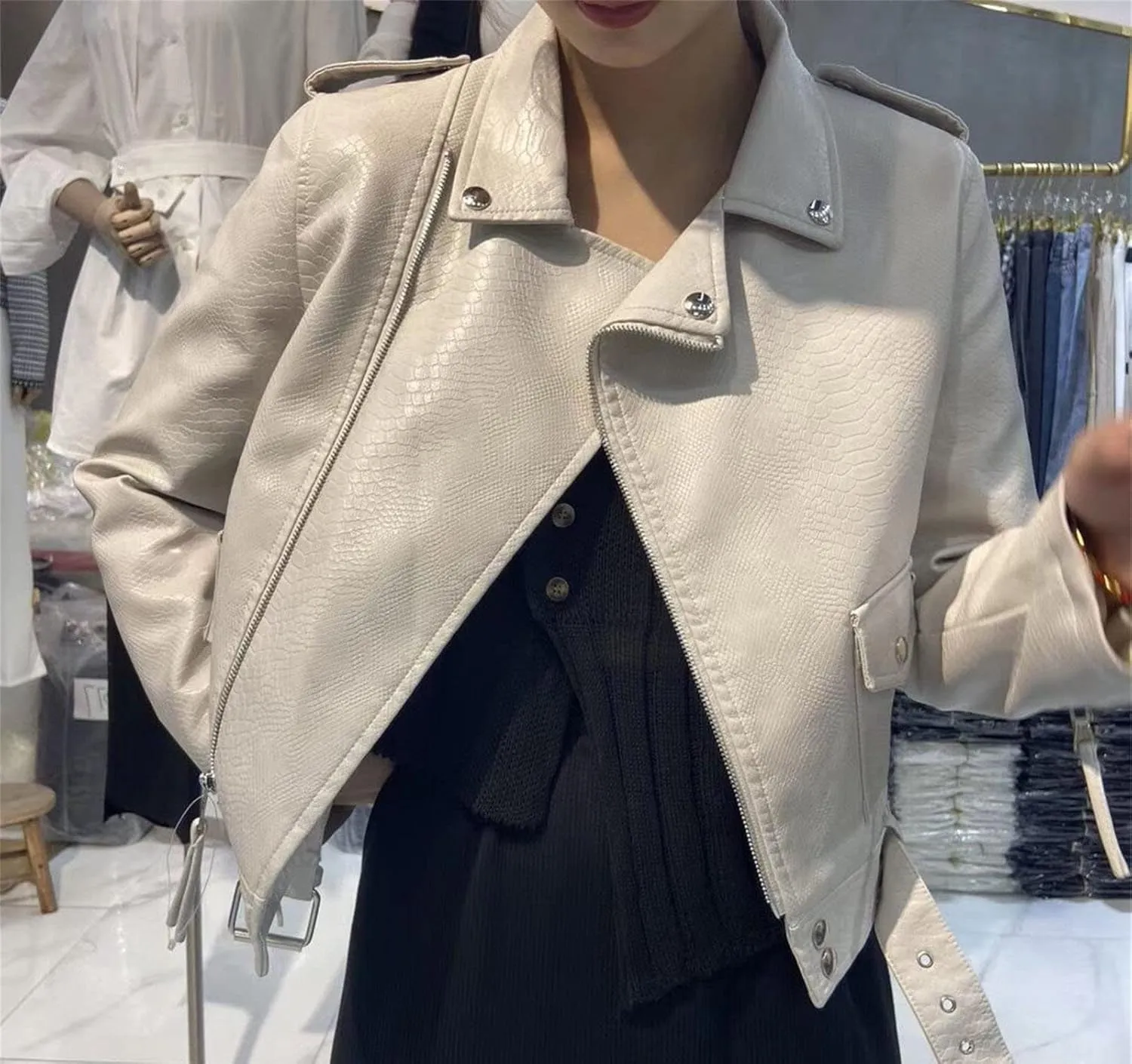 DGHM-JLMY Women's Slim Snake Pattern Motorcycle Jacket Faux Leather Jacket Crop Short Cropped PU Slim Zip Up Moto Biker Coat