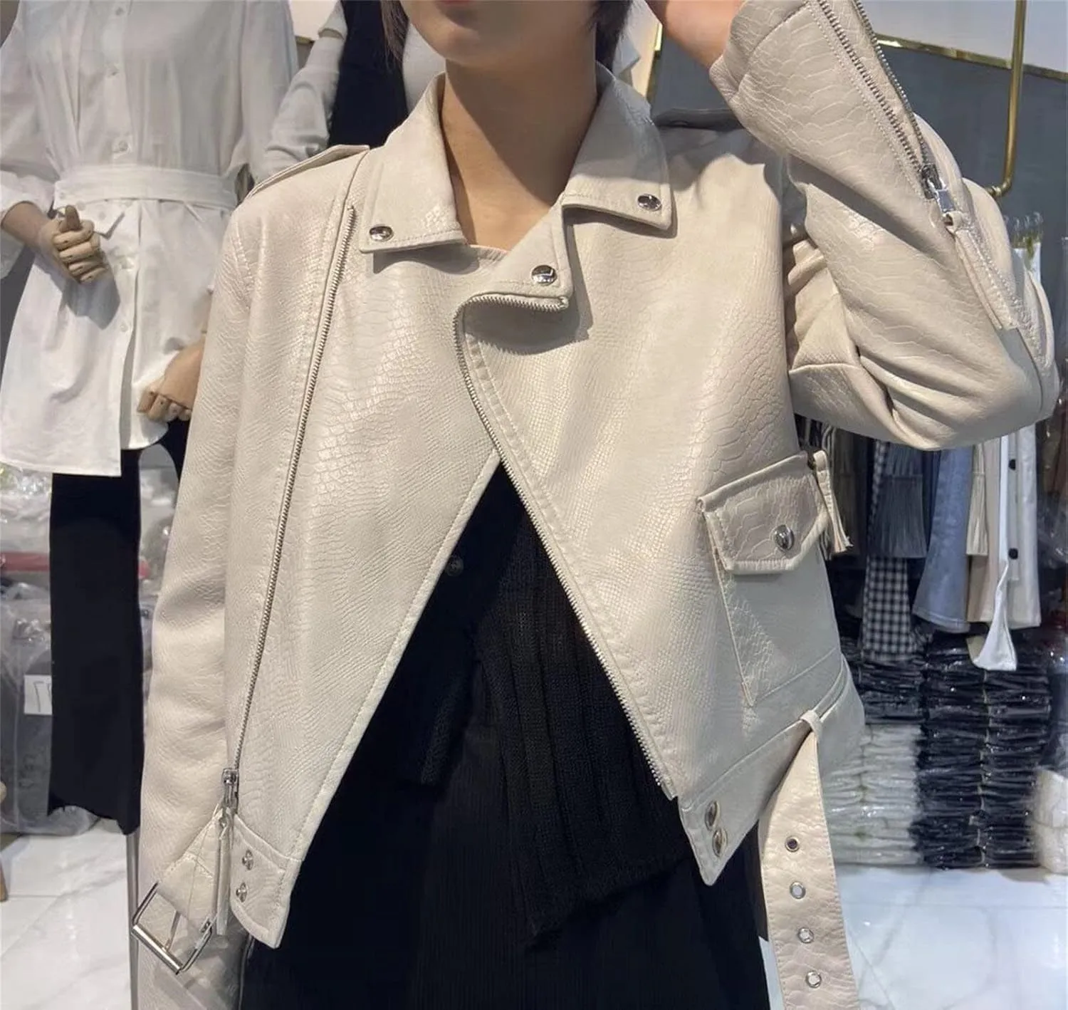 DGHM-JLMY Women's Slim Snake Pattern Motorcycle Jacket Faux Leather Jacket Crop Short Cropped PU Slim Zip Up Moto Biker Coat