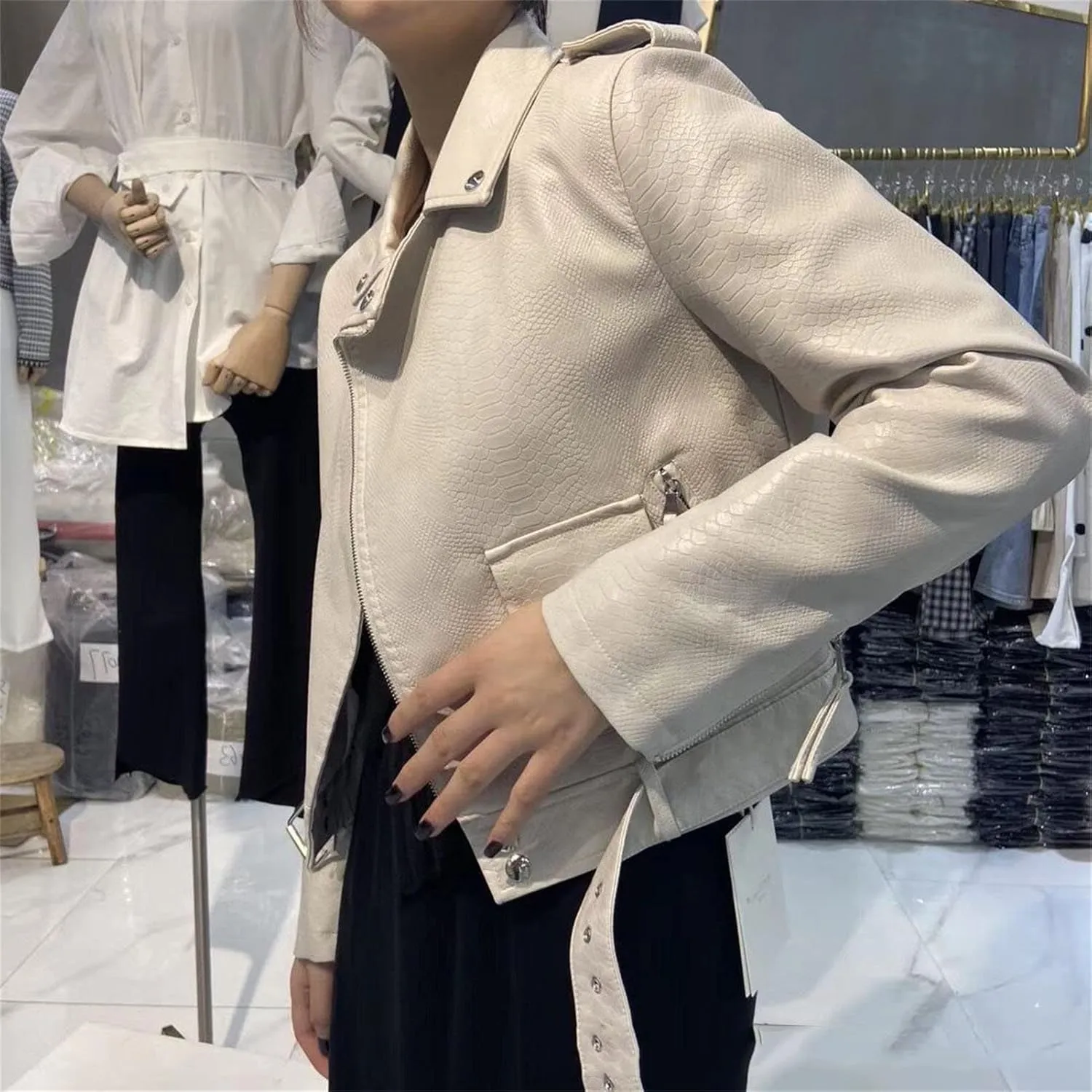 DGHM-JLMY Women's Slim Snake Pattern Motorcycle Jacket Faux Leather Jacket Crop Short Cropped PU Slim Zip Up Moto Biker Coat