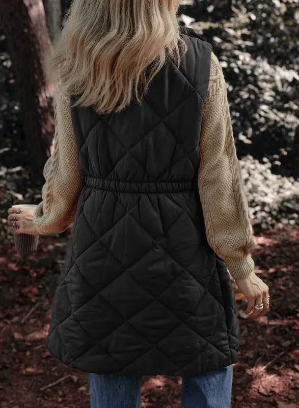Dokotoo Women's Casual Winter Long Puffer Vest Stand Collar Sleeveless Puffy Jackets Coat with Pockets