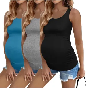 Ekouaer 3 Pack Women Maternity Tank Tops Ruch Side Basic Shirts Summer Postpartum Tops Sleeveless Pregnancy Workout Clothes