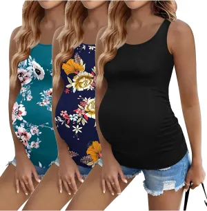 Ekouaer 3 Pack Women's Pregnancy Tank Tops Stretch Maternity Clothes Workout Shirts L Black/NavyBlue Floral/Blue Green Floral