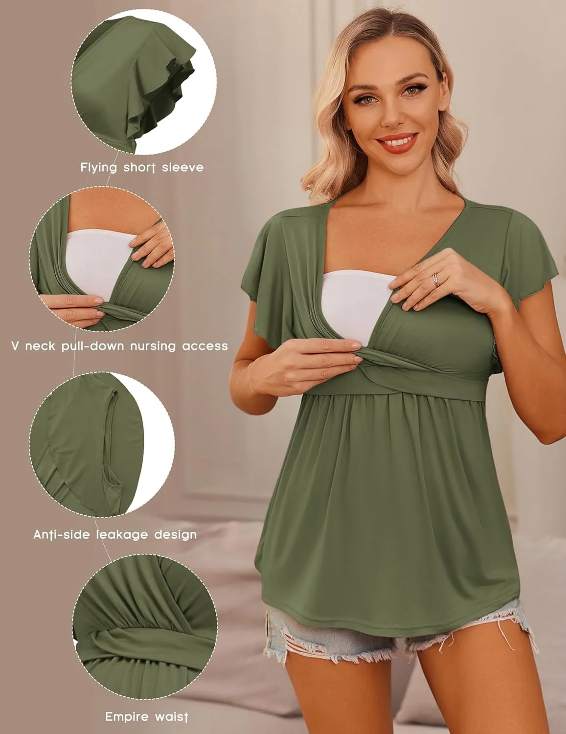 Ekouaer Maternity Shirts 3 Packs Flying Short Sleeve Nursing Tops Pregnancy Clothes
