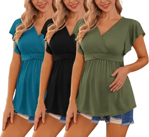 Ekouaer Maternity Shirts 3 Packs Flying Short Sleeve Nursing Tops Pregnancy Clothes