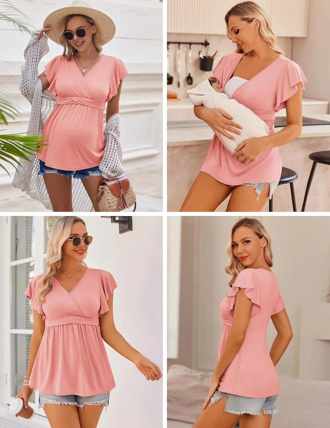 Ekouaer Maternity Shirts 3 Packs Flying Short Sleeve Nursing Tops Pregnancy Clothes