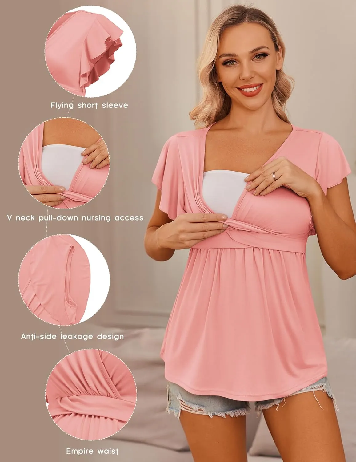 Ekouaer Maternity Shirts 3 Packs Flying Short Sleeve Nursing Tops Pregnancy Clothes