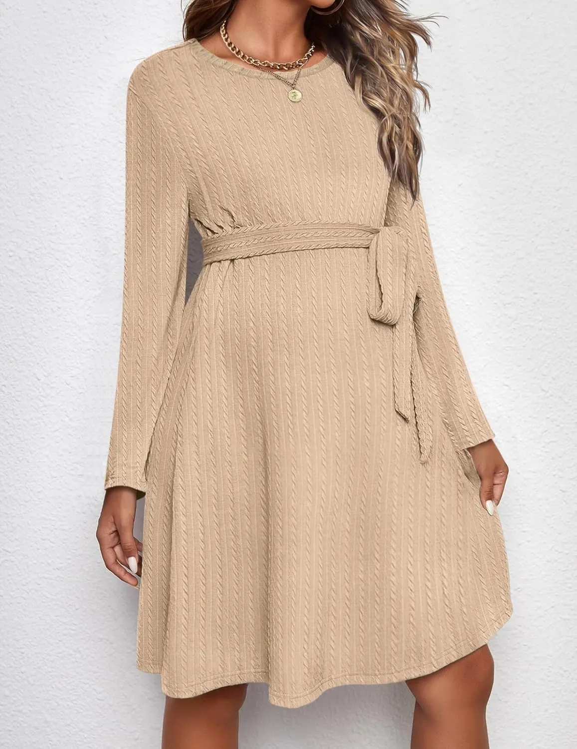 Ekouaer Womens Maternity Dress Rib Knit Long Sleeve Pregnancy Dresses Crewneck Pregnant Clothes with Belt