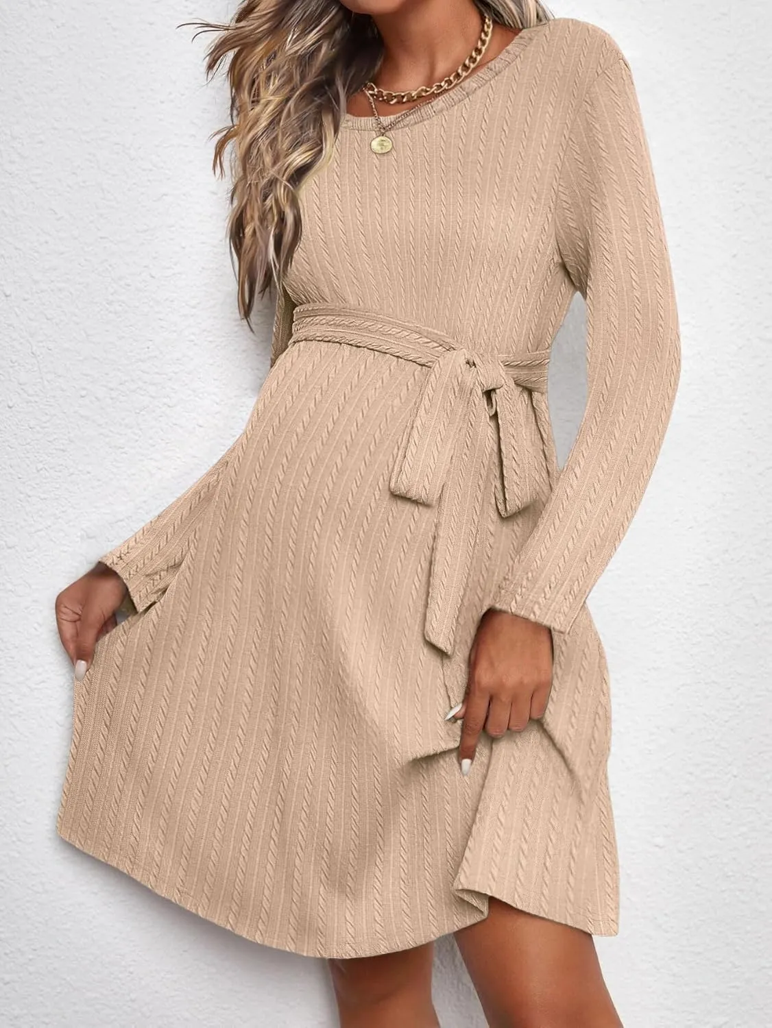 Ekouaer Womens Maternity Dress Rib Knit Long Sleeve Pregnancy Dresses Crewneck Pregnant Clothes with Belt