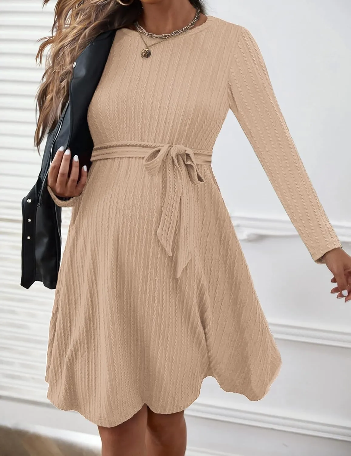 Ekouaer Womens Maternity Dress Rib Knit Long Sleeve Pregnancy Dresses Crewneck Pregnant Clothes with Belt