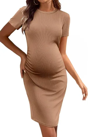 Ekouaer Women's Maternity Dress Ruched Ribbed Bodycon Summer Dresses Casual Pregnancy Dress S-XXL