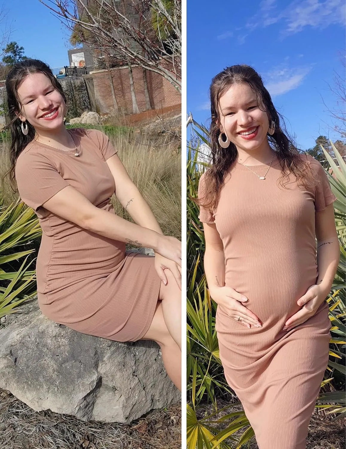 Ekouaer Women's Maternity Dress Ruched Ribbed Bodycon Summer Dresses Casual Pregnancy Dress S-XXL