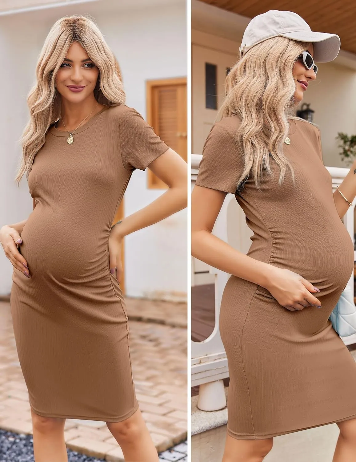 Ekouaer Women's Maternity Dress Ruched Ribbed Bodycon Summer Dresses Casual Pregnancy Dress S-XXL
