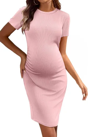 Ekouaer Women's Maternity Dress Ruched Ribbed Bodycon Summer Dresses Casual Pregnancy Dress S-XXL