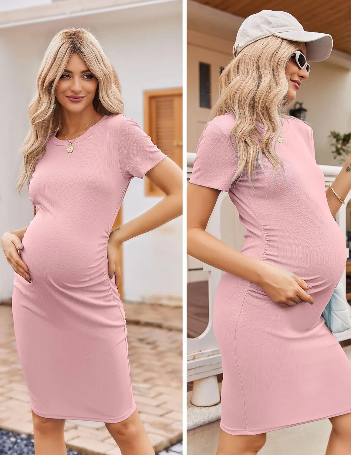 Ekouaer Women's Maternity Dress Ruched Ribbed Bodycon Summer Dresses Casual Pregnancy Dress S-XXL