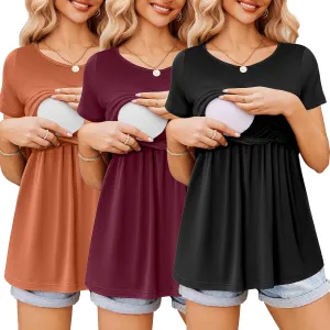 Ekouaer Womens Nursing Tops 3 Packs Short Sleeve Breastfeeding Shirts Double Layer Postpartum Shirt S-XXL