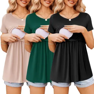 Ekouaer Womens Nursing Tops 3 Packs Short Sleeve Breastfeeding Shirts Double Layer Postpartum Shirt S-XXL