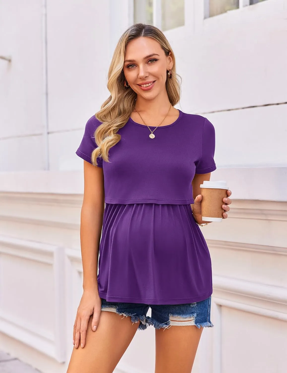 Ekouaer Womens Nursing Tops 3 Packs Short Sleeve Breastfeeding Shirts Double Layer Postpartum Shirt S-XXL