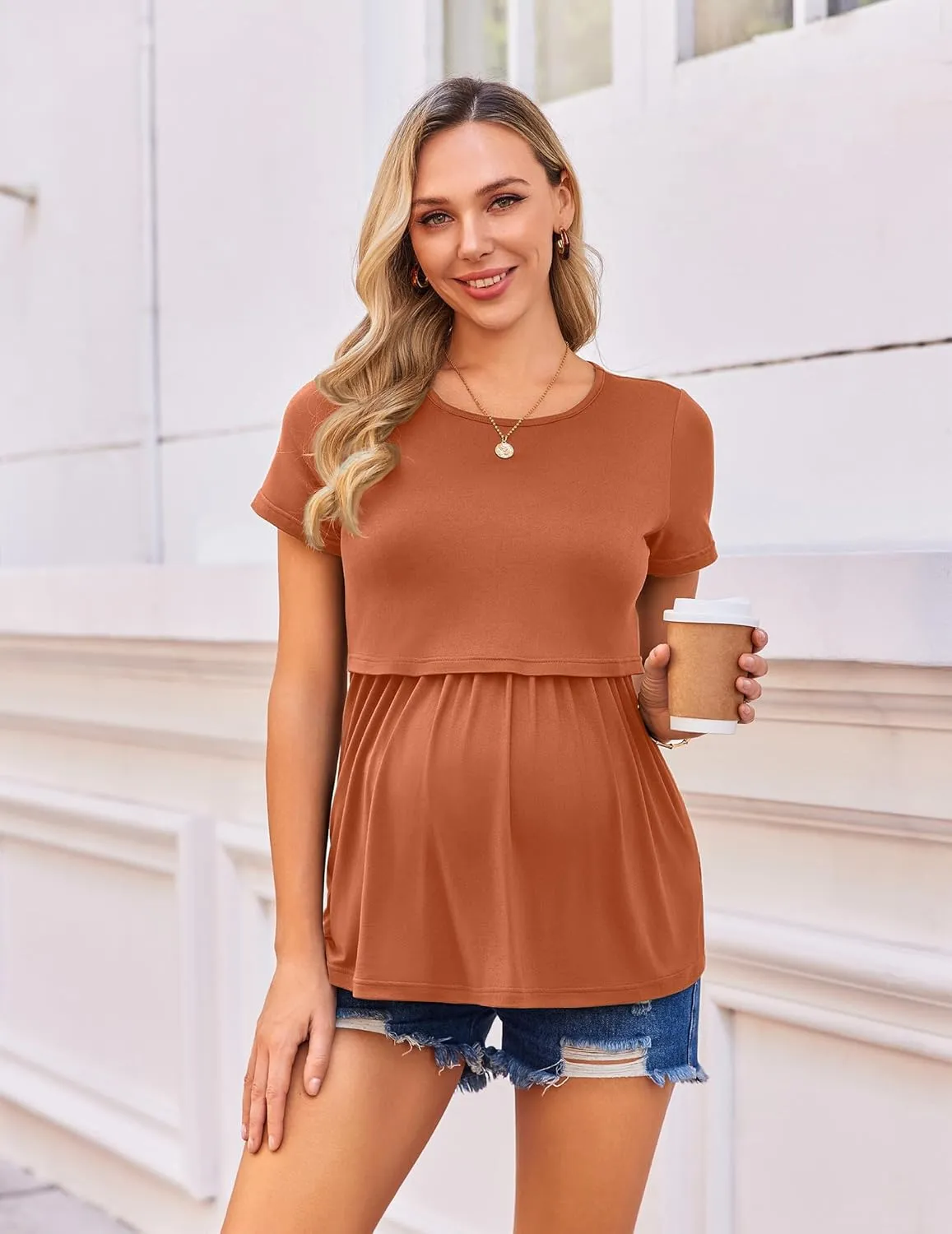 Ekouaer Womens Nursing Tops 3 Packs Short Sleeve Breastfeeding Shirts Double Layer Postpartum Shirt S-XXL