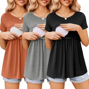 Ekouaer Womens Nursing Tops 3 Packs Short Sleeve Breastfeeding Shirts Double Layer Postpartum Shirt S-XXL