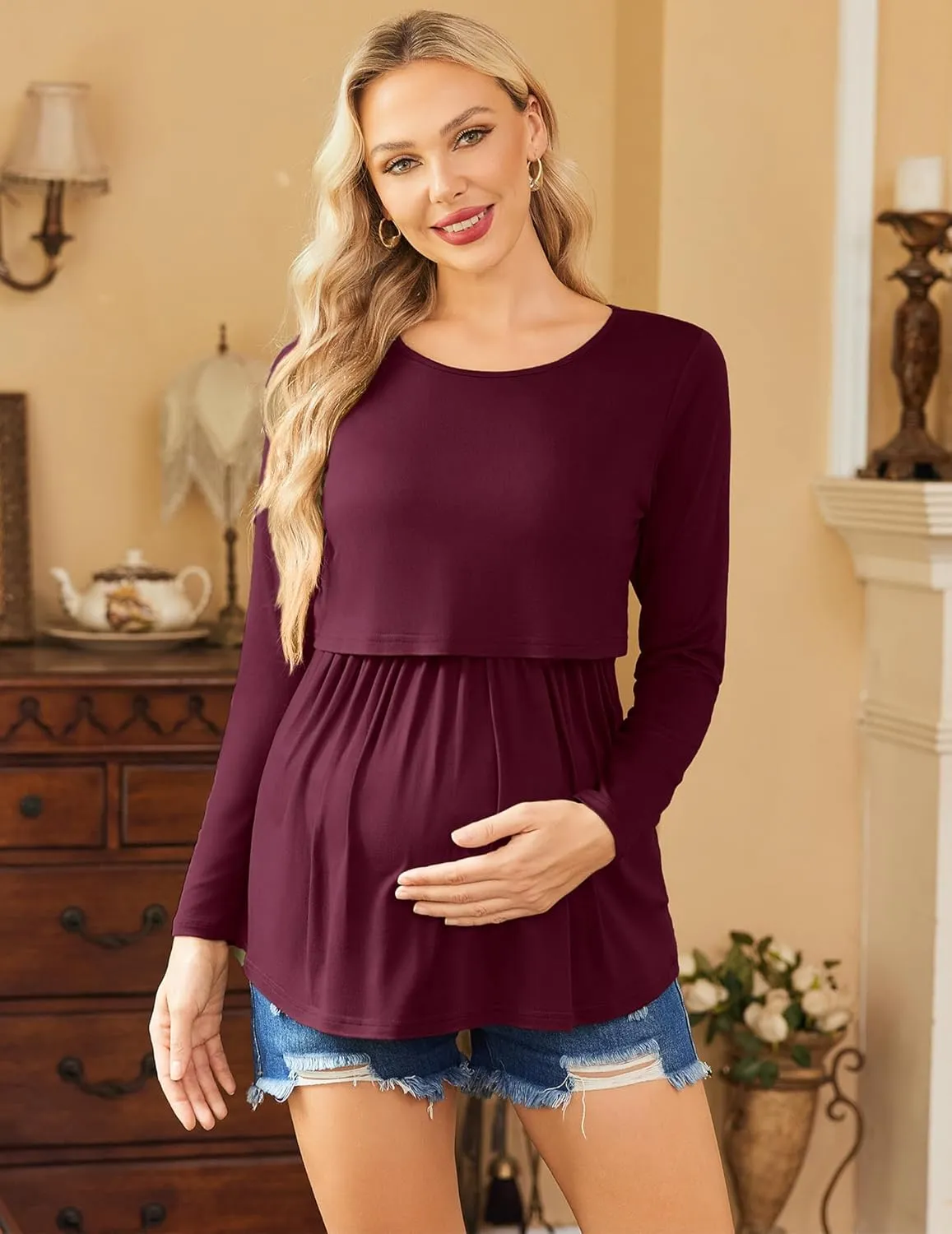 Ekouaer Women's Nursing Tops Long Sleeve Nursing Shirts Double Layer Maternity Clothes 3 Packs Breastfeeding Shirts