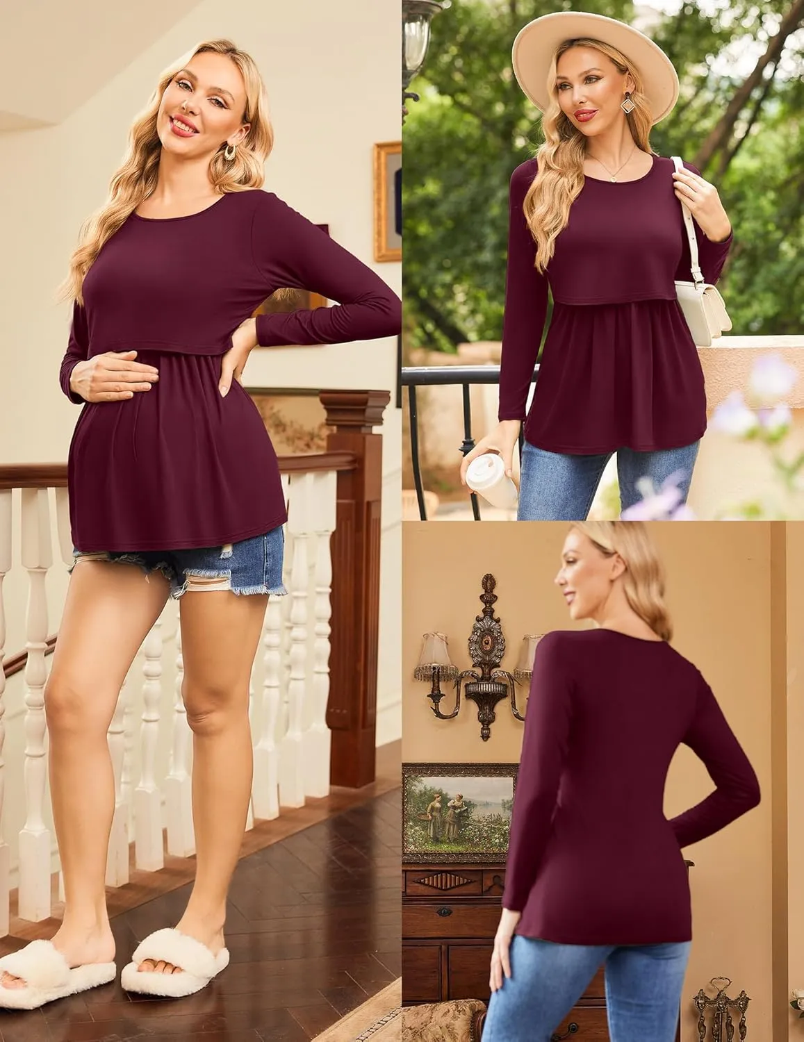 Ekouaer Women's Nursing Tops Long Sleeve Nursing Shirts Double Layer Maternity Clothes 3 Packs Breastfeeding Shirts