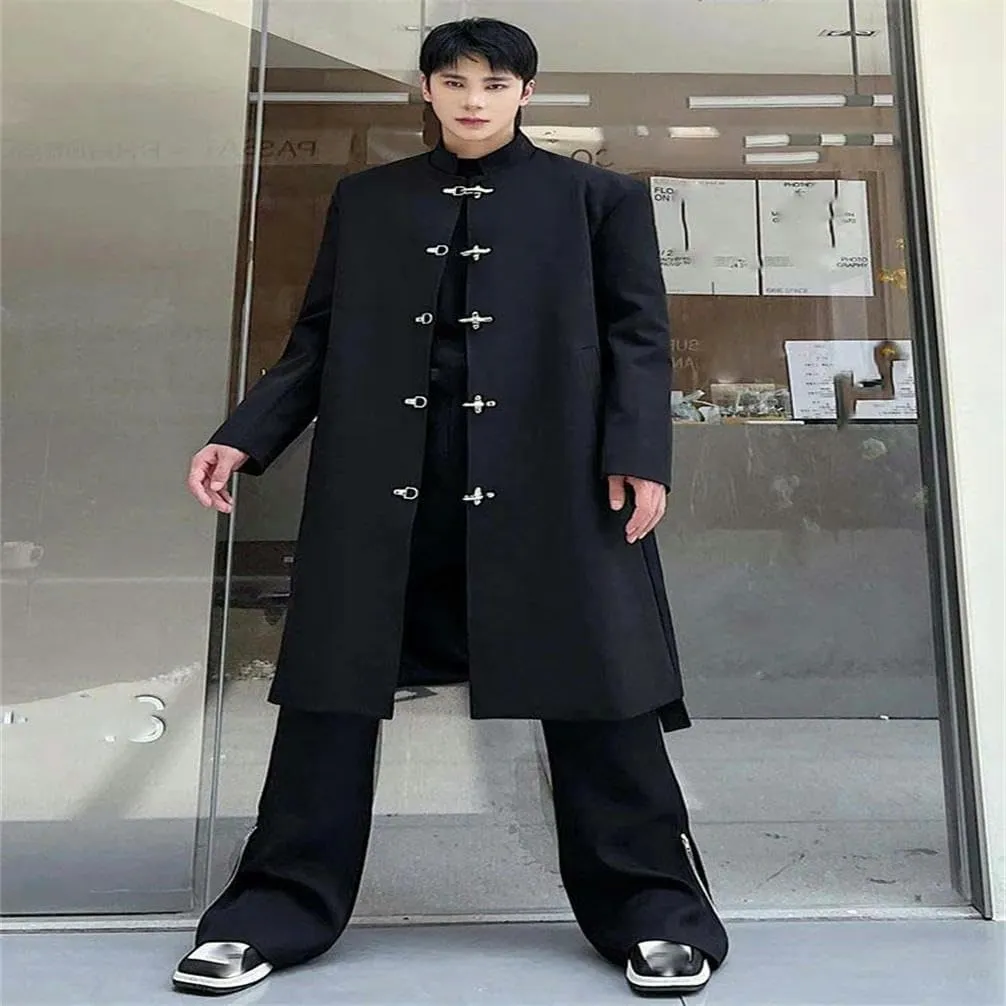 Elegant knee length trench coat men's stand collar metal buckle trench coat street coat single breasted retro