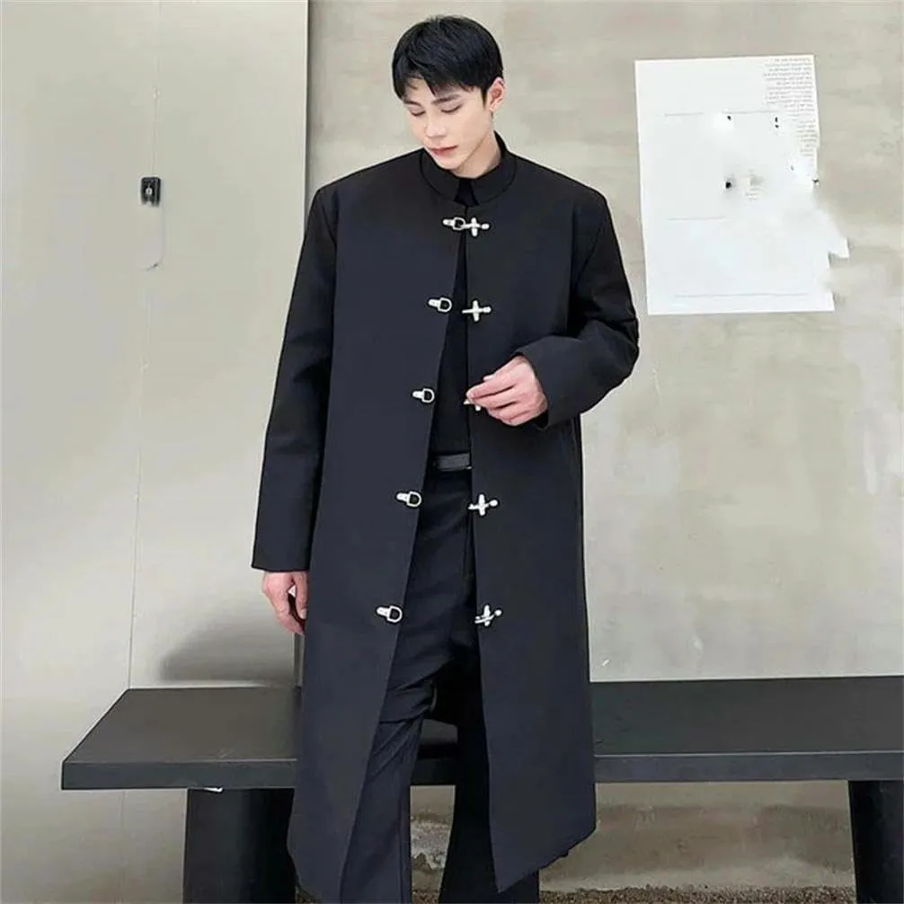 Elegant knee length trench coat men's stand collar metal buckle trench coat street coat single breasted retro