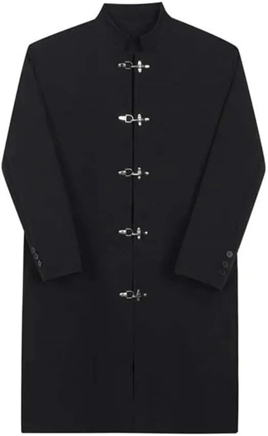 Elegant knee length trench coat men's stand collar metal buckle trench coat street coat single breasted retro