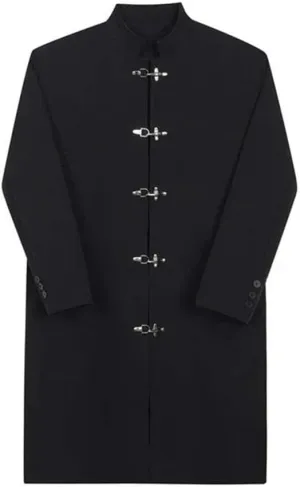 Elegant knee length trench coat men's stand collar metal buckle trench coat street coat single breasted retro