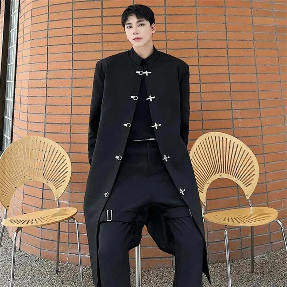 Elegant knee length trench coat men's stand collar metal buckle trench coat street coat single breasted retro