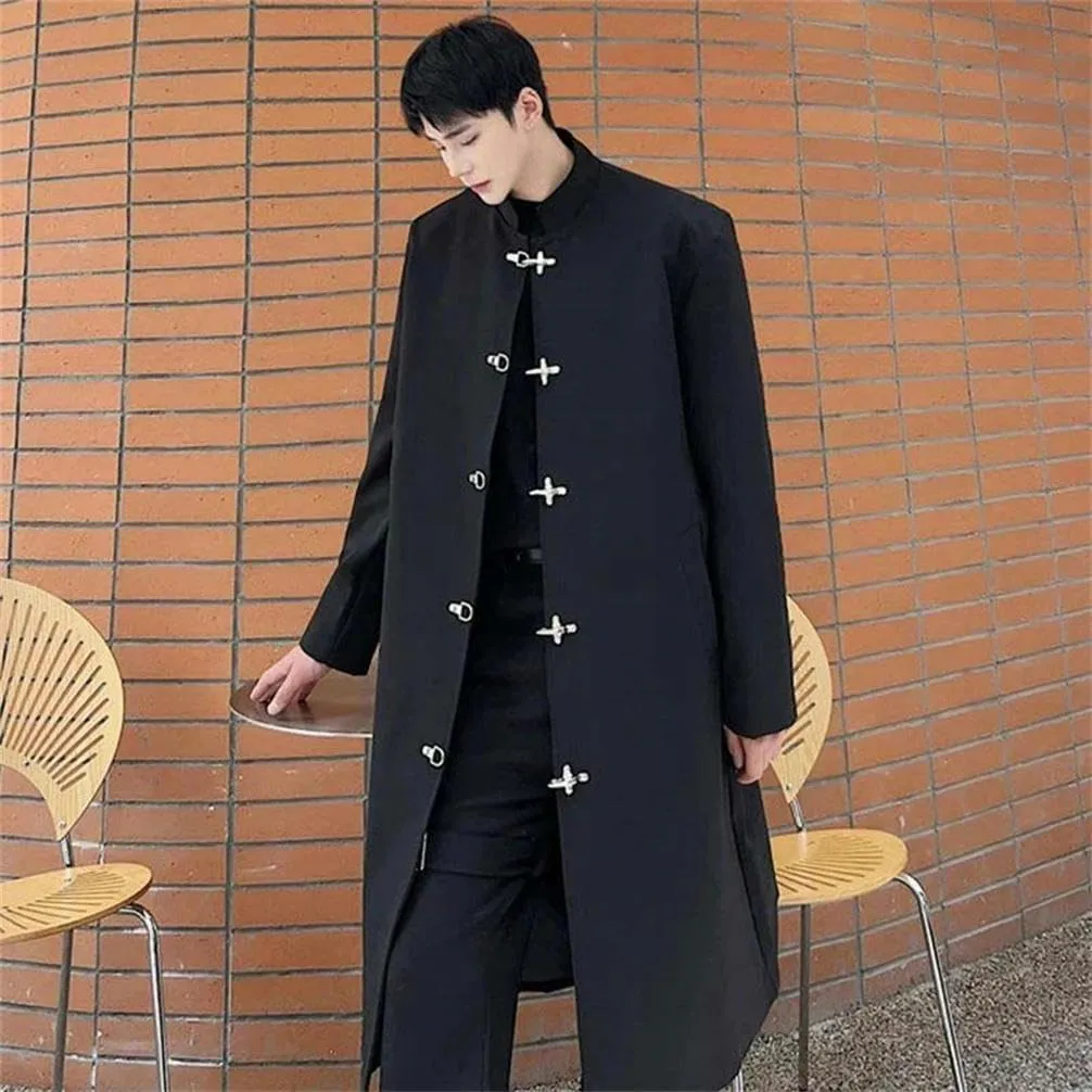 Elegant knee length trench coat men's stand collar metal buckle trench coat street coat single breasted retro