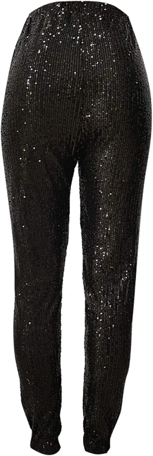Fawjsais Women Sexy Glitter Sequin Pants High Waist Leggings Evening Party Clubwear