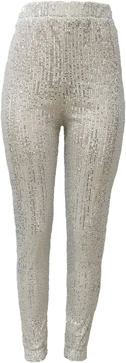 Fawjsais Women Sexy Glitter Sequin Pants High Waist Leggings Evening Party Clubwear