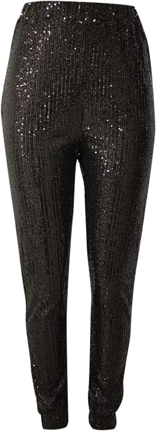 Fawjsais Women Sexy Glitter Sequin Pants High Waist Leggings Evening Party Clubwear