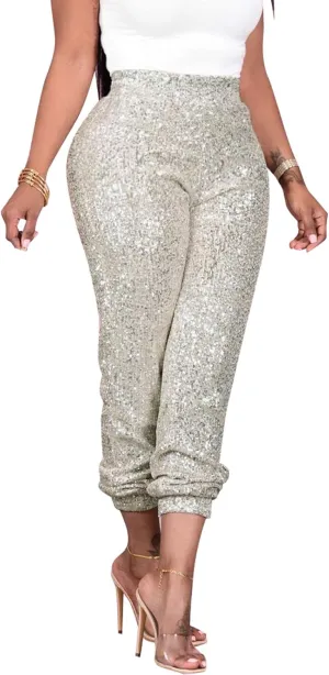 Fawjsais Women Sexy Glitter Sequin Pants High Waist Leggings Evening Party Clubwear