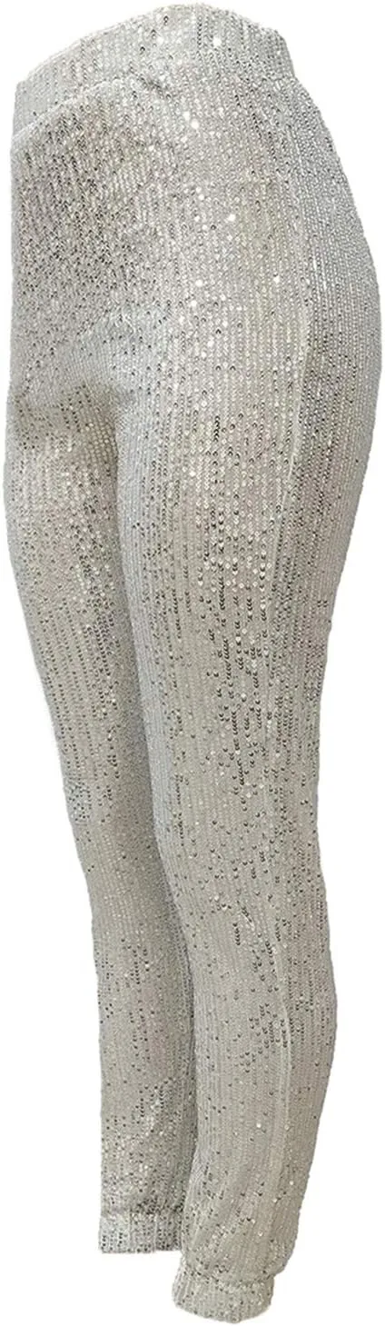 Fawjsais Women Sexy Glitter Sequin Pants High Waist Leggings Evening Party Clubwear